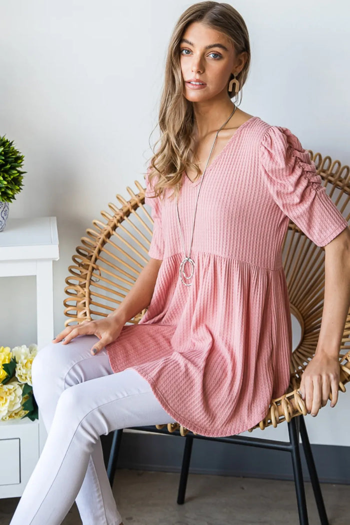 Heimish Full Size Waffle Knit V-Neck Babydoll Top - Brittney MADE
