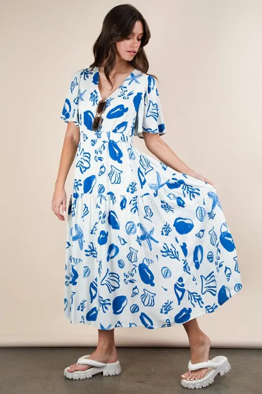 VERY J Printed V-Neck Resort Midi Dress - Brittney MADE