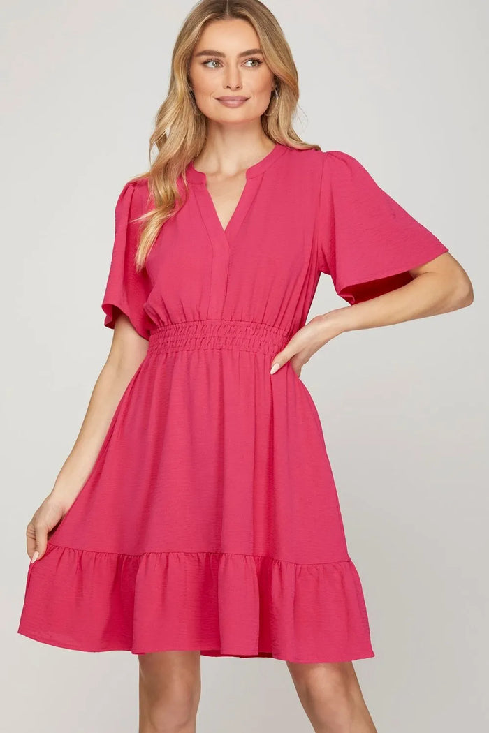 She + Sky Ruffled Hem Notched Flutter Sleeve Mini Dress - Brittney MADE