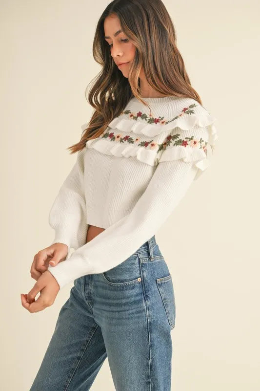 MABLE Floral Embroidered Ruffle Detail Sweater - Brittney MADE