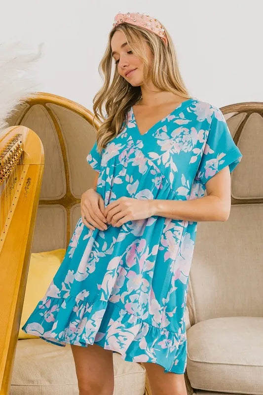 BiBi Floral Crinkle Shirred Ruffle Detail V Neck Dress - Brittney MADE