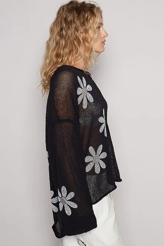POL Flower Roll Edge Round Neck Drop Shoulder Knit Top - Brittney MADE