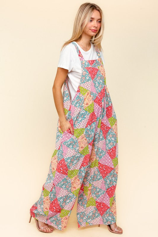 Haptics Full Size Printed Wide Leg Overalls with Side Pockets - Brittney MADE