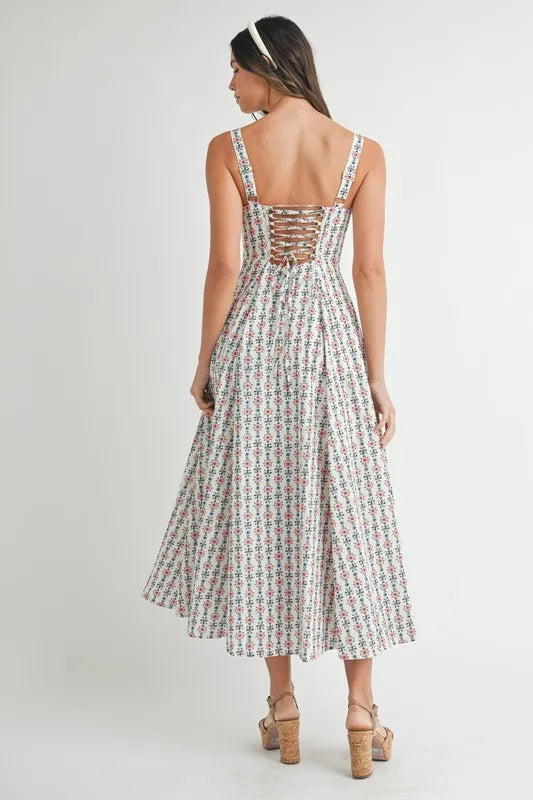 MABLE Floral Print Bustier Back Lace Up Midi Dress - Brittney MADE