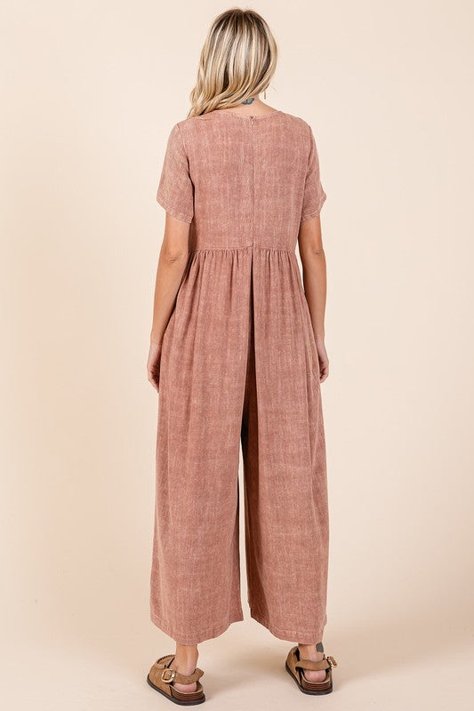Mittoshop Mineral Wash Short Sleeve Flowy Wide Leg Jumpsuit - Brittney MADE