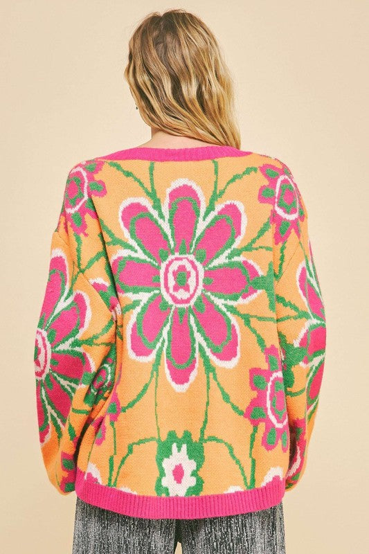 Davi & Dani Floral Contrast V-Neck Dropped Shoulder Sweater - Brittney MADE