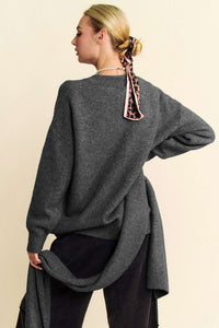Davi & Dani V-Neck Dropped Shoulder Sweater with Scarf Set - Brittney MADE