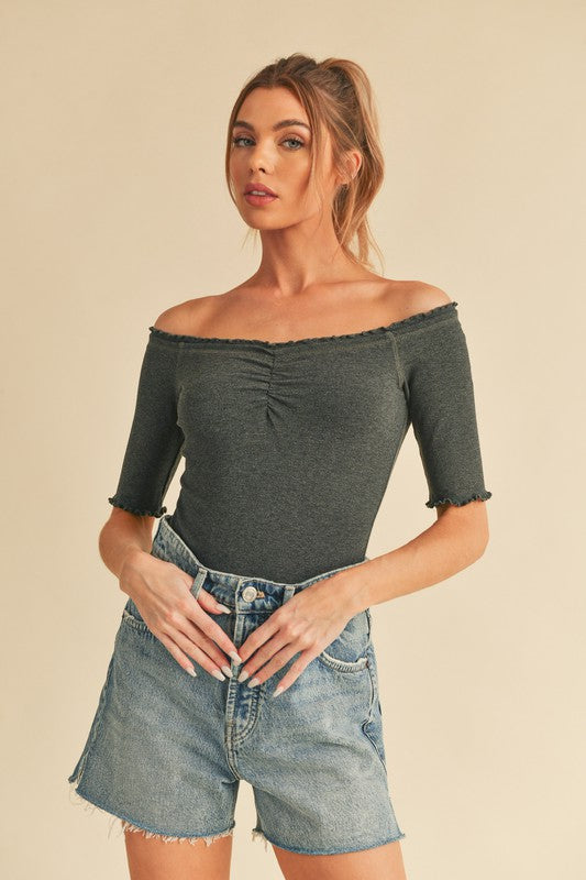 Aemi + Co Ruched Frill Off-Shoulder Half Sleeve Knit Top - Brittney MADE