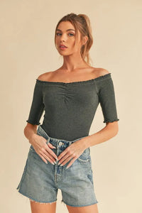 Aemi + Co Ruched Frill Off-Shoulder Half Sleeve Knit Top - Brittney MADE