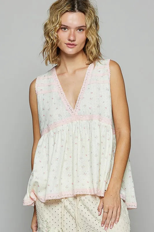 POL Lace Detail Floral V-Neck Sleeveless Top - Brittney MADE