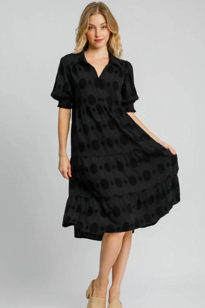 Umgee Full Size Swiss Dot Jacquard Tiered Midi Dress Plus Size - Brittney MADE