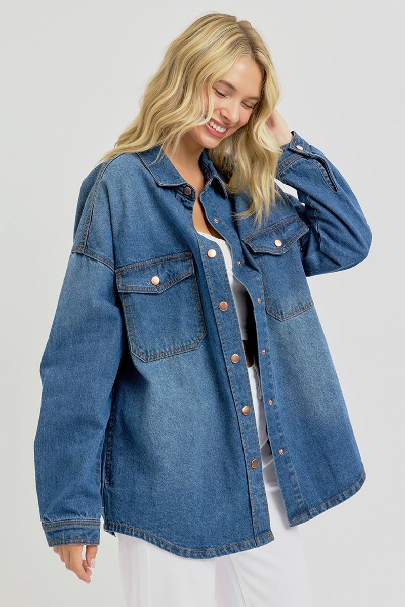 RISEN Full Size Snap Down Long Sleeve Denim Shacket - Brittney MADE
