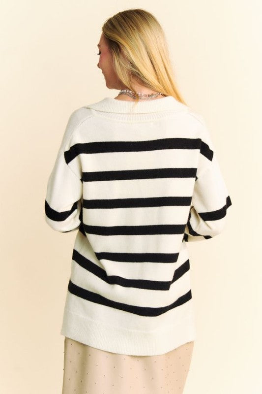 Davi & Dani High-Low Side Slit Striped Johnny Collar Sweater - Brittney MADE