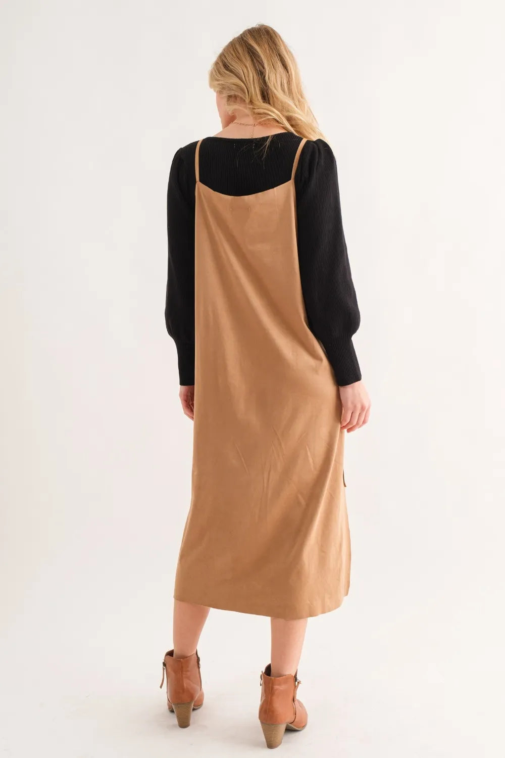 And The Why Faux Suede Cut Edge Slit Cami Midi Dress - Brittney MADE