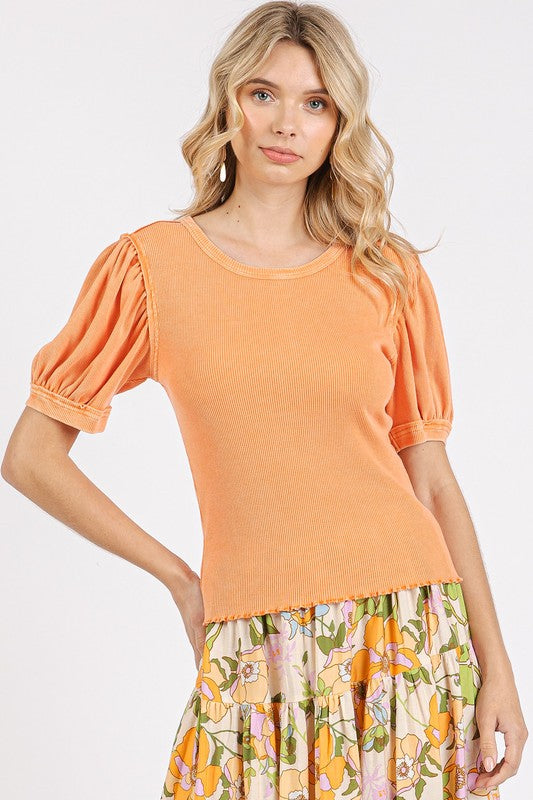Mittoshop Mineral Wash Puff Sleeve Rib Knit Top - Brittney MADE