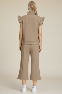 Double Take Full Size Texture Ruffle Short Sleeve Top and Wide Leg Pants Set - Brittney MADE