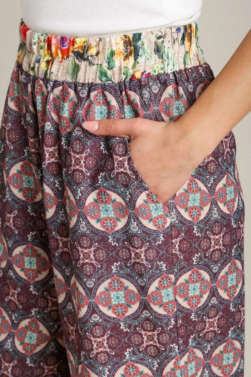 Umgee Full Size Mixed Print Elastic Waistband Pants Plus Size - Brittney MADE