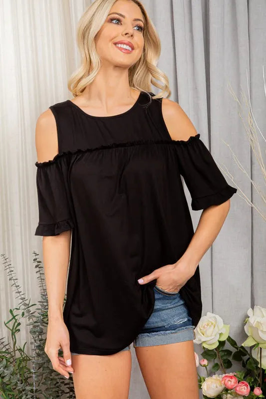 Heimish Full Size Frill Round Neck Cold Shoulder T-Shirt Plus Size - Brittney MADE