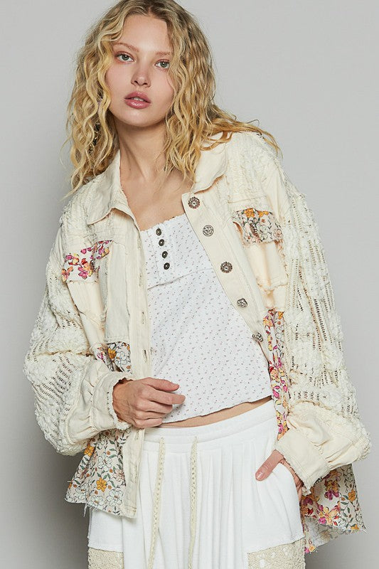 POL Floral Crochet Lace Frayed Edge Button Up Shacket - Brittney MADE