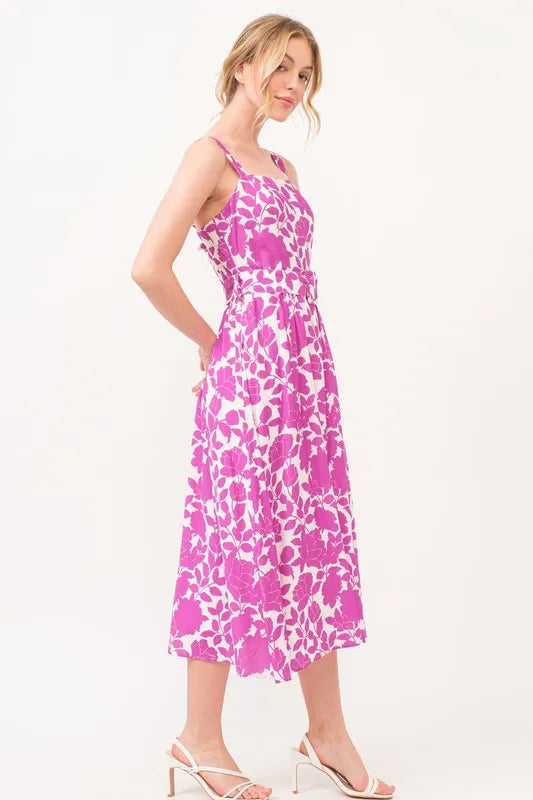And The Why Square Neck Belted Floral Printed Midi Dress - Brittney MADE
