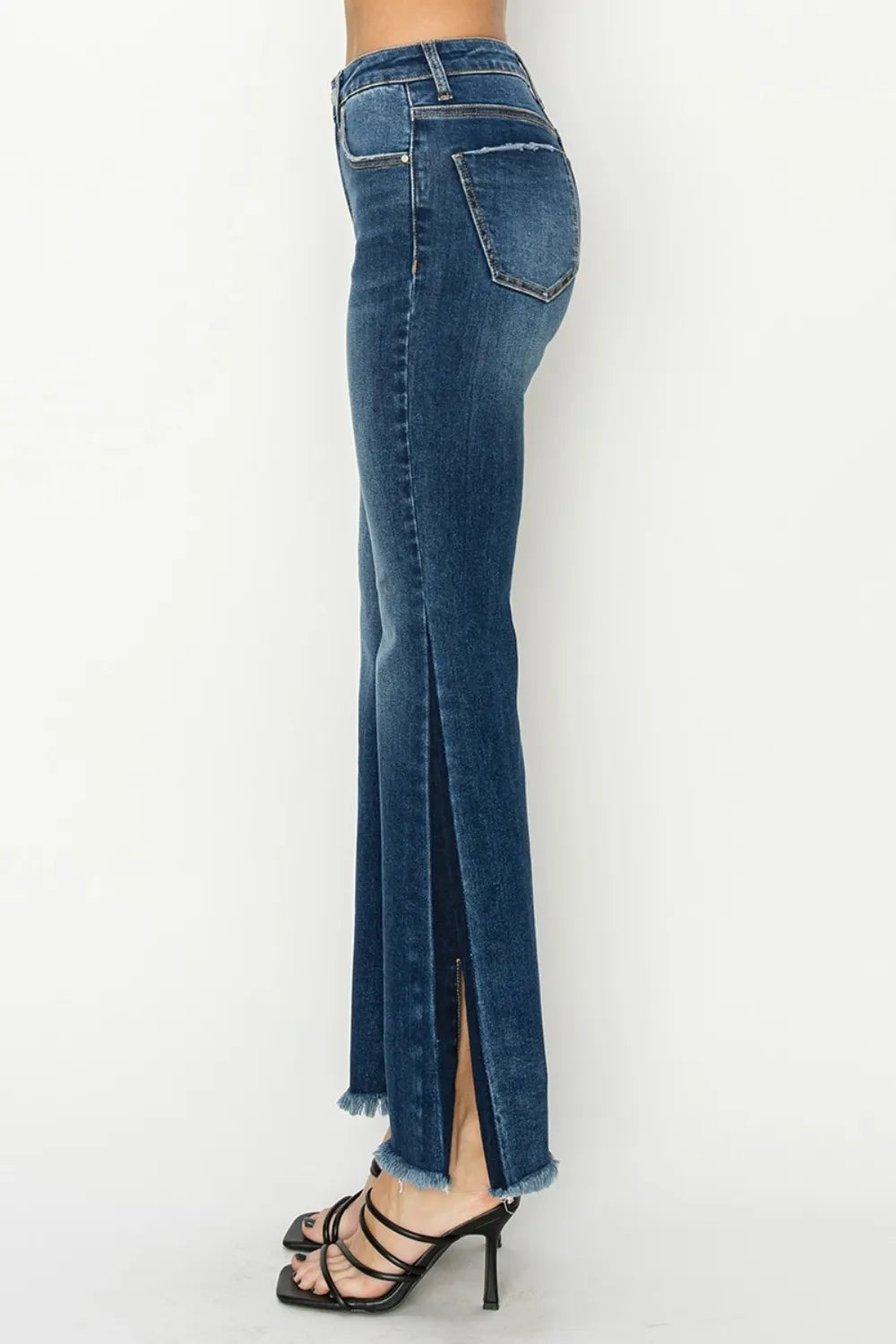 RISEN Full Size High Rise Side Shadow Seam Detail Slit Flare Jeans - Brittney MADE