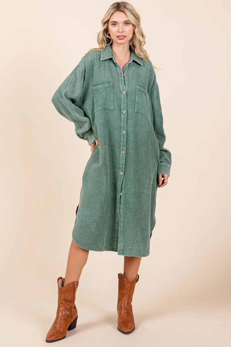 Mittoshop Mineral Wash Cotton Gauze Midi Shirt Dress - Brittney MADE