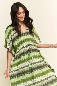 Davi & Dani Multi Color Wavy Tie Waist Flowy Sleeve Dress - Brittney MADE