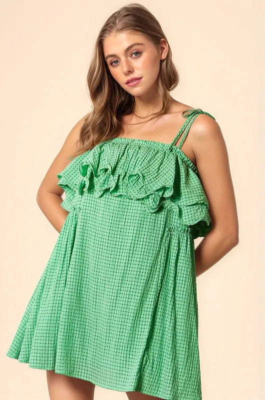 Davi & Dani Textured Jacquard Checker Fabric Ruffled Dress - Brittney MADE