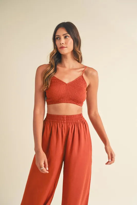 MABLE Smocked Bralette Crop Top and Wide Leg Pants Set - Brittney MADE