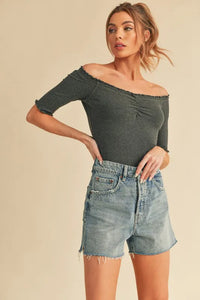 Aemi + Co Ruched Frill Off-Shoulder Half Sleeve Knit Top - Brittney MADE