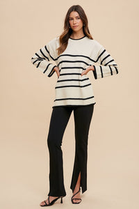Annie Wear Side Slit Striped Round Neck Sweater - Brittney MADE