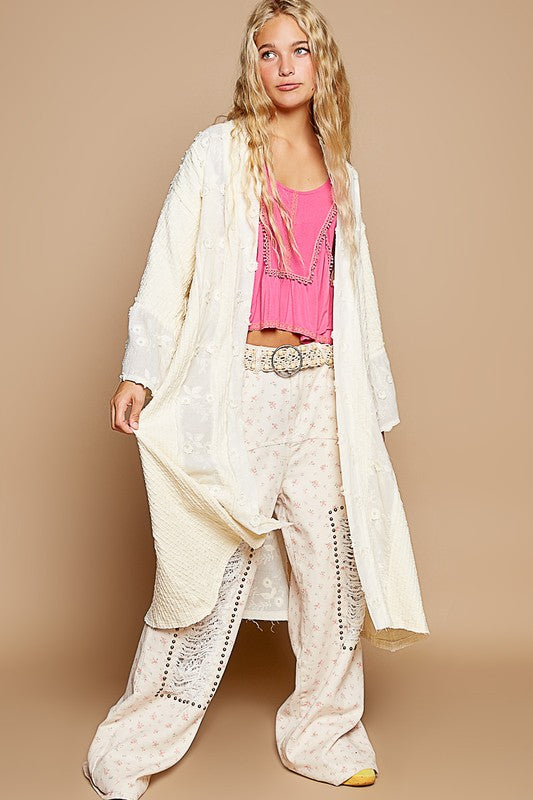 POL Flower Lace Trim Open Front Longline Cardigan - Brittney MADE