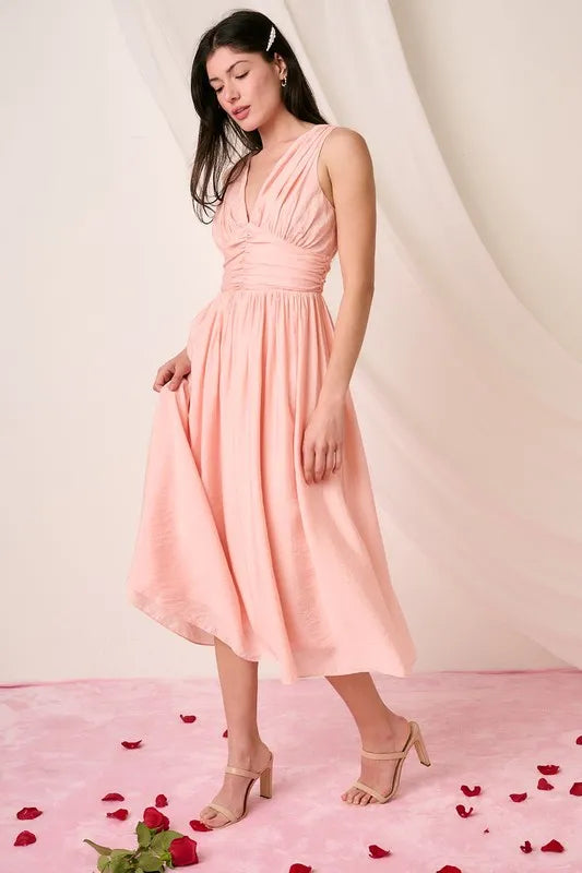 Mittoshop Ruched V-Neck Sleeveless Midi Dress - Brittney MADE