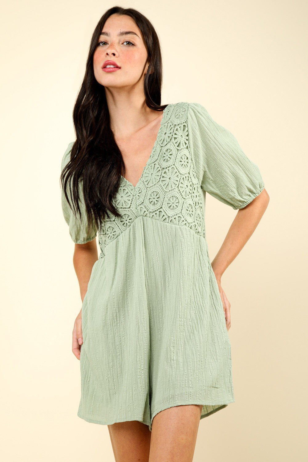 VERY J Lace Detail Puff Sleeve Romper with Pockets - Brittney MADE