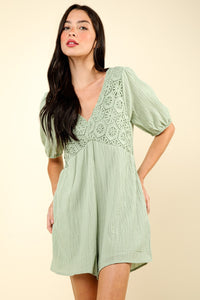 VERY J Lace Detail Puff Sleeve Romper with Pockets - Brittney MADE