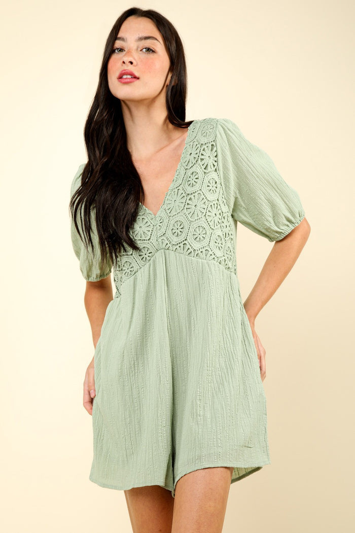 VERY J Lace Detail Puff Sleeve Romper with Pockets - Brittney MADE
