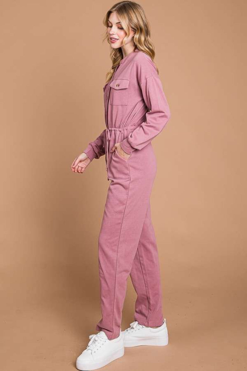 Culture Code Full Size Button Up Drawstring Waist Straight Jumpsuit - Brittney MADE