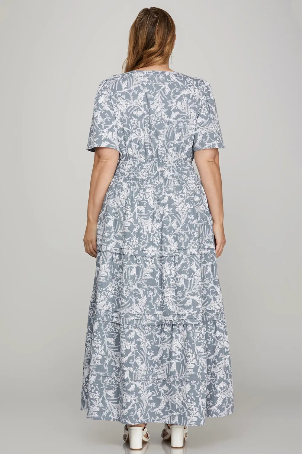 She + Sky Printed Notched Woven Tiered Pintuck Maxi Dress with Side Pockets - Brittney MADE