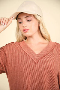 VERY J Two Tone Ribbed V-Neck Exposed Seam Top - Brittney MADE