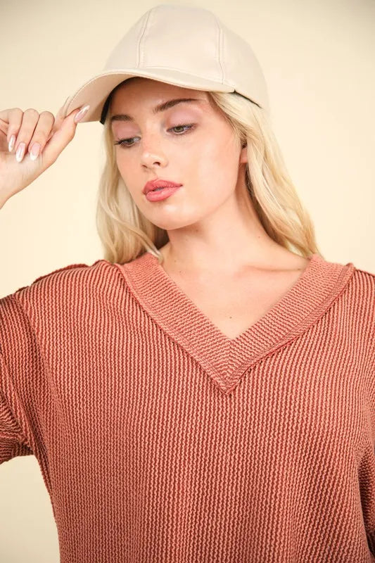 VERY J Two Tone Ribbed V-Neck Exposed Seam Top - Brittney MADE