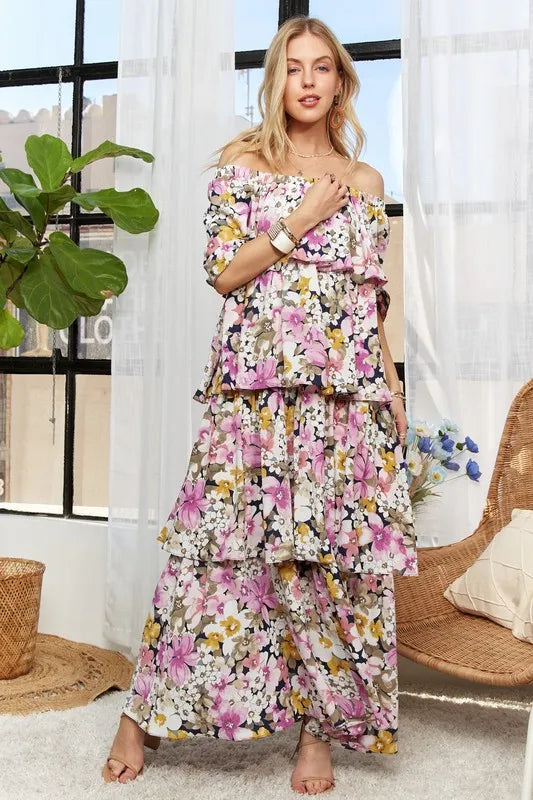 ADORA Layered Floral Off-Shoulder Short Sleeve Maxi Dress - Brittney MADE