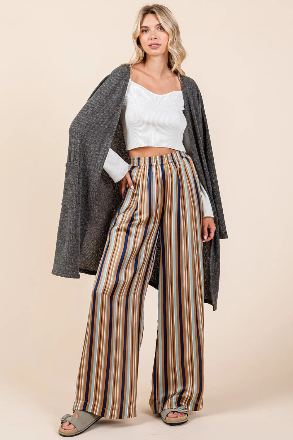 Mittoshop Striped Satin Elastic Waist Wide Leg Pants - Brittney MADE
