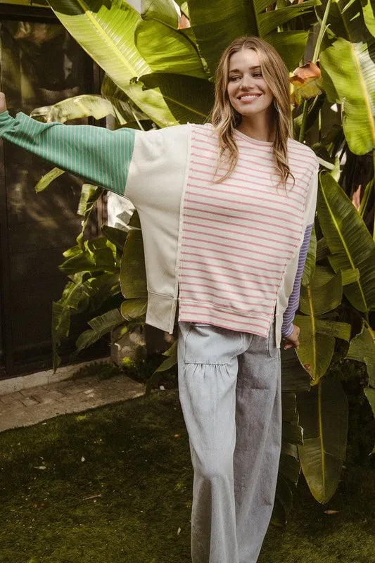 BiBi Exposed Seam Slit Striped Round Neck T-Shirt - Brittney MADE