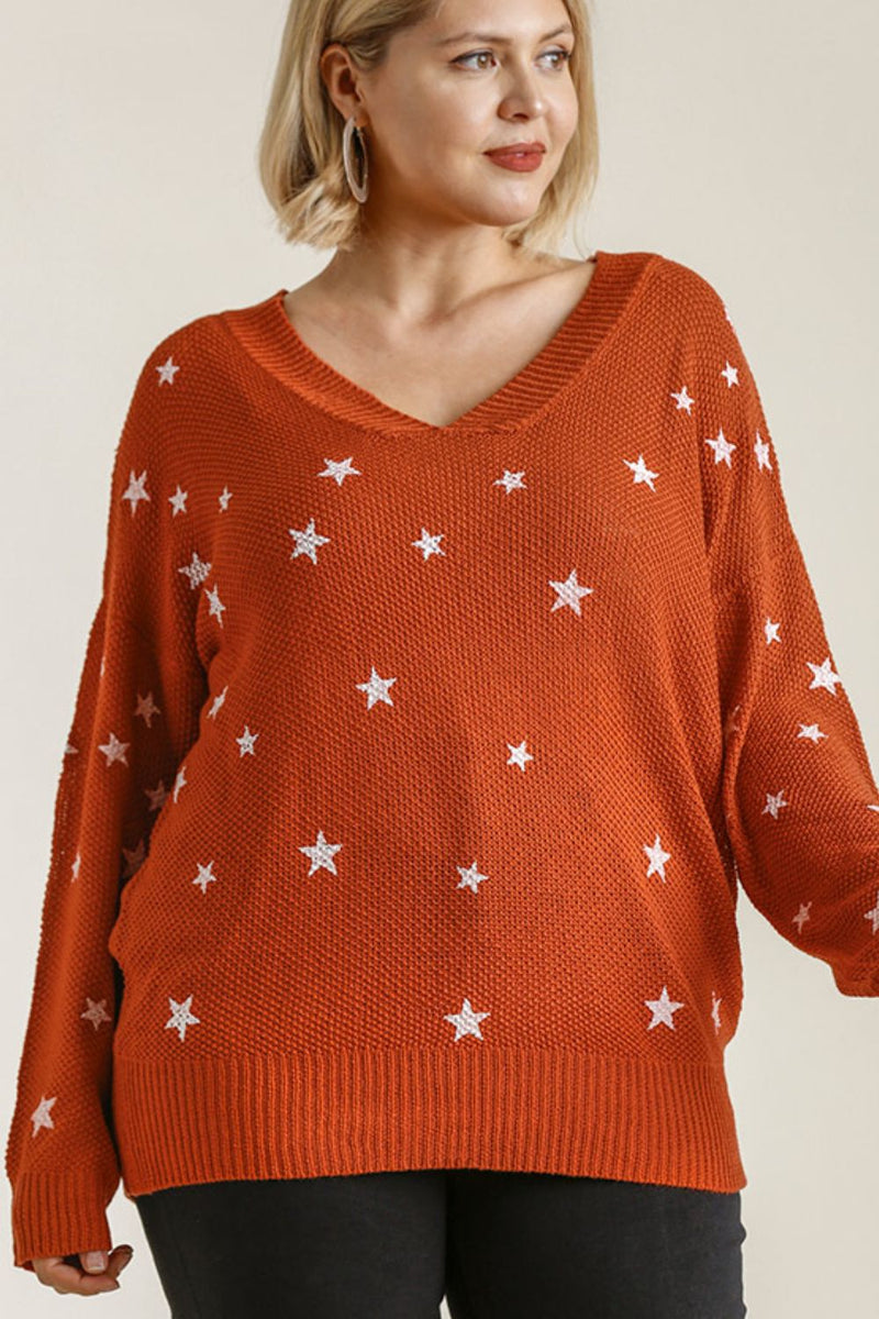 Umgee Full Size Star V-Neck Long Sleeve Sweater Plus Size - Brittney MADE