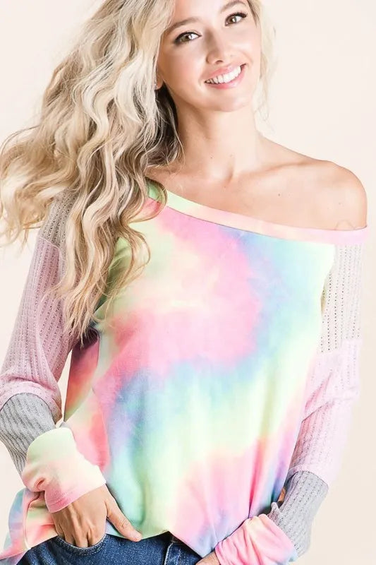 BiBi Tie Dye Terry Top with Color Block Pointelle Knit - Brittney MADE