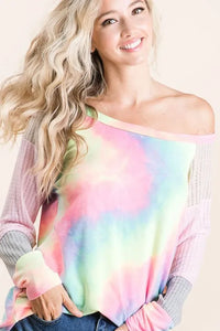 BiBi Tie Dye Terry Top with Color Block Pointelle Knit - Brittney MADE
