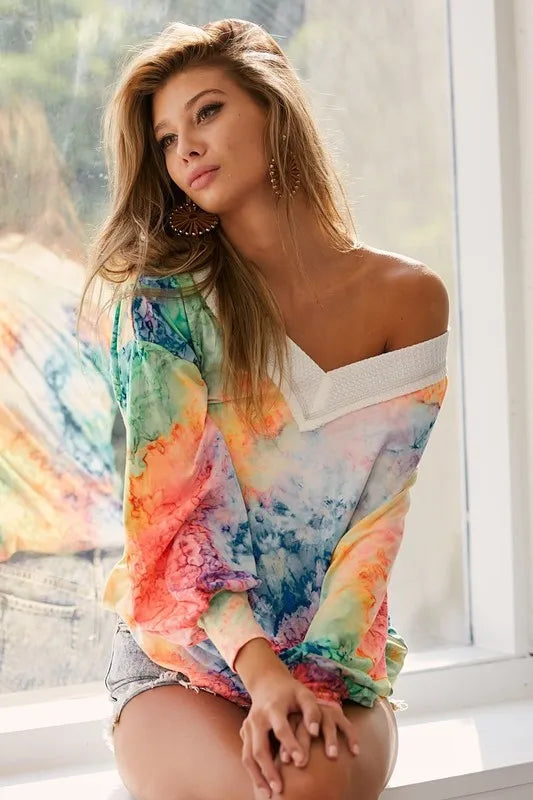 BiBi Tie Dye Soft Knit Jersey V-Neck Top - Brittney MADE