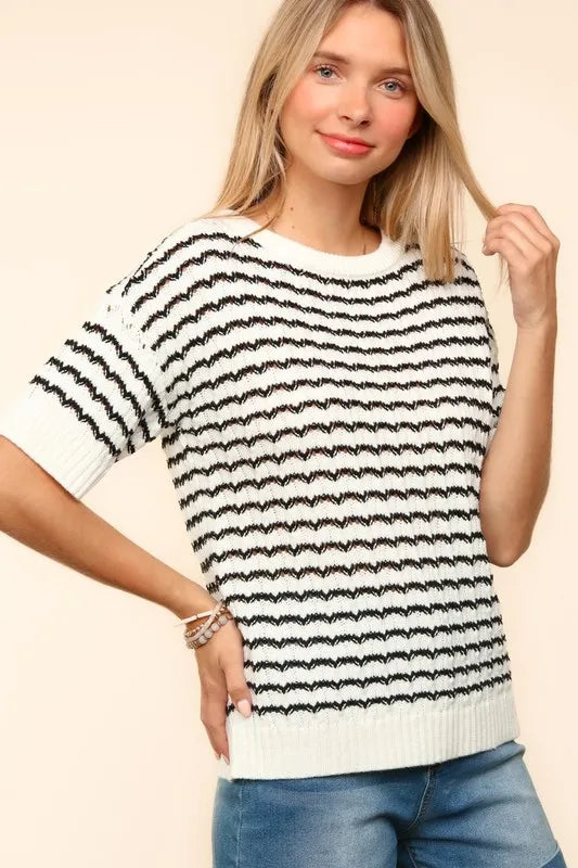 Haptics Openwork Striped Round Neck Half Sleeve Knit Top - Brittney MADE