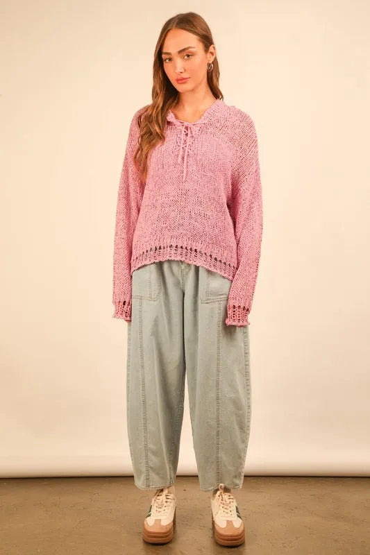 VERY J Oversized Openwork Lace Up Hooded Sweater - Brittney MADE