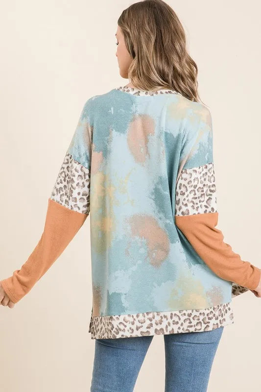 BiBi Tie-Dye Leopard Terry Round Neck Long Sleeve T-Shirt - Brittney MADE
